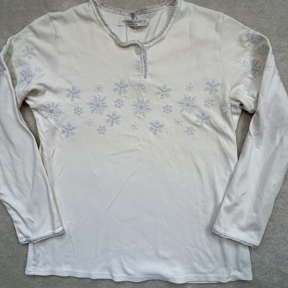 Vintage Victorias Secret Country Pajama Henley shirt women's Small Snowflake